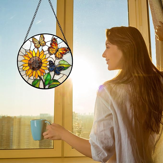 Stained Glass Window Hanging, Butterfly and Sunflowers Sun Catchers Glass Panel Plant Insects Suncatcher Decor for Birthday for Women, Men, Wife, Aunt, and Mom 9.8 in