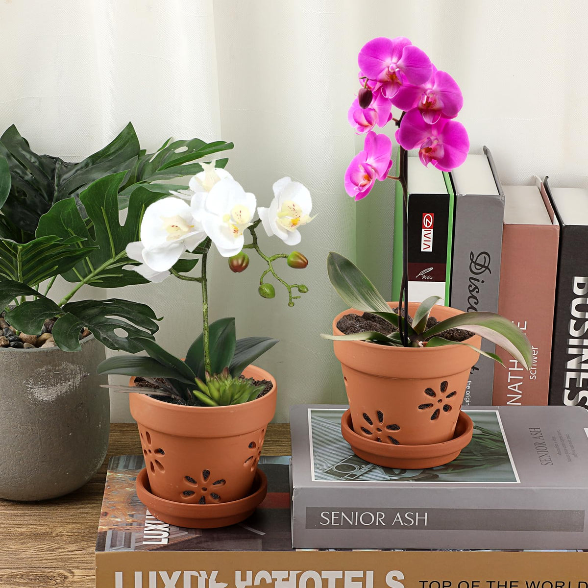 JUXYES Small 4" Hollowed Out Terracotta Orchid Pots with Holes and Saucer