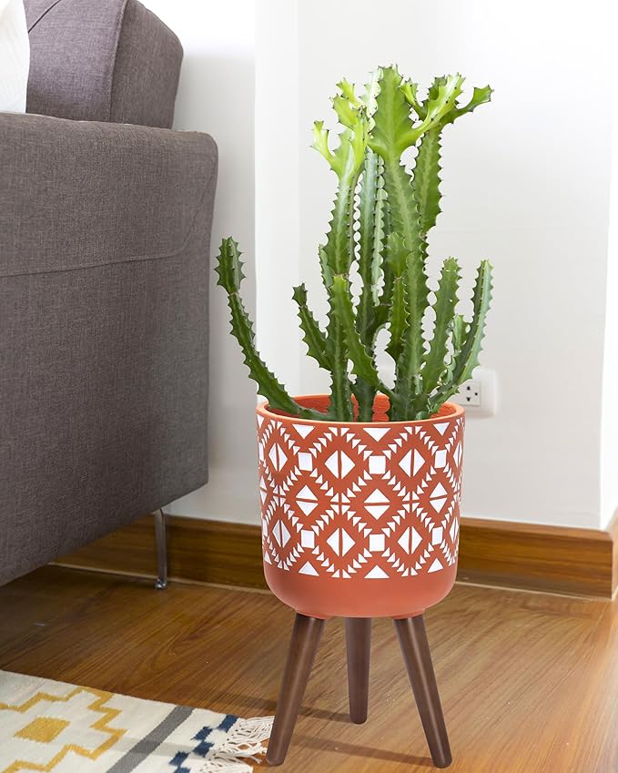 D'vine Dev 10 Inch Planter Pot with Stand, Mid-Century Tall Plant Pot with Legs for Indoor Plants, Pottery Red Terracotta/White, 88-G-B-5
