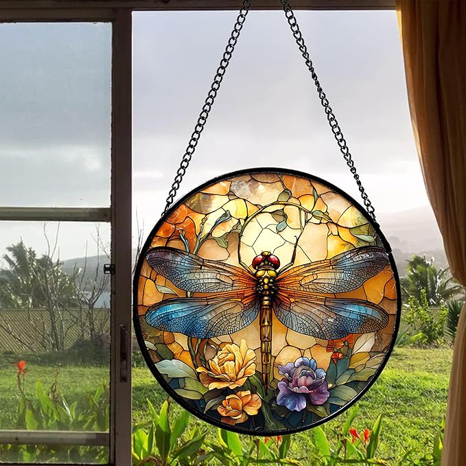 HWRHTR Stained Glass Window Hanging - Orange Blue Dragonfly Flower Suncatcher for Doors Window Home Sun Catchers Decor Christmas Mother's Day Birthday Outdoor Gifts for Women Men Mom Nana 14.9 in