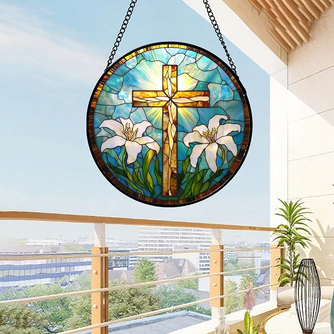 JOSUMALY Christian Gifts for Women - Cross Stained Glass Window Hanging Jesus Easter White Lily Flower Sun Catcher Garden Religion Decor Mother's Day Catholic Gift for Men Grandma Mom Her Nana 7.8"