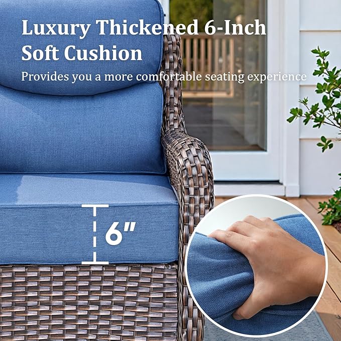 Luxury Outdoor Swivel Rocker Patio Chairs Set of 5, High Back Swivel Patio Chairs with Side Table & 6-Inch Cushions, Ottoman, Wicker Outdoor Bistro Set for Porch, Yard, Deck, Poolside, Brown/Blue