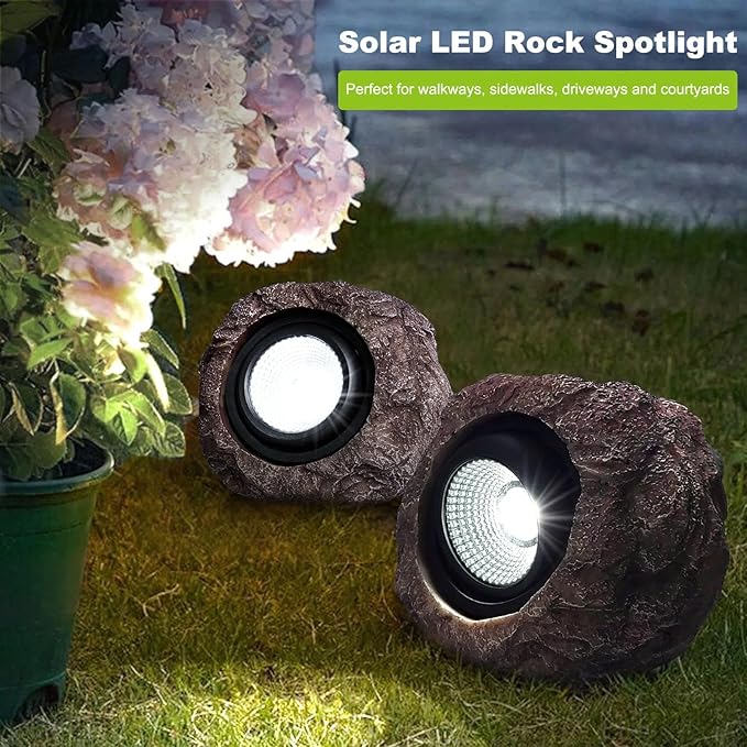 Solar Garden Rock Lights Outdoor - IP65 LED Waterproof Solar Spotlight, Solar Powered Landscape Lights Decorative Garden Stone Light for Pathway, Walkway, Yard, Patio (4 Pack)
