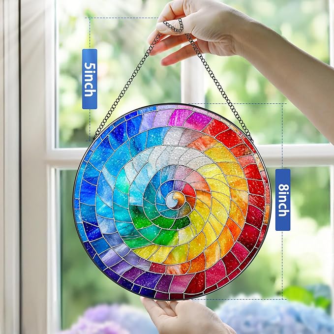 Stained Glass Window Hanging, 8 Inch Rainbow Spiral Stained Glass Suncatcher, Spiral Window Hanging Decor, Geometric Spiral Suncatcher Wall Decor, Gift for Women Men Wife Lovers and Mom