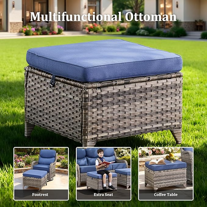 Luxury High Back Patio Furniture Set with 6-Inch Thick Cushions, 7-Pieces Outdoor Furniture with Swivel Chairs, Wicker Conversation Set for Porch, Balcony, Deck and Yard, Grey/Blue
