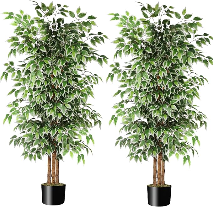 GTIDEA 2 Pcs 6ft Ficus Artificial Trees, Tall Faux Trees Indoor with Natural Trunk and Fake Silk Tree Fake Plants for Home Spring Decor Living Room Outdoor Balcony House Office (Included Dried Moss)
