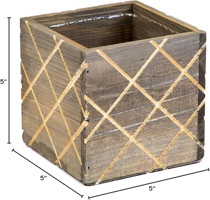 Wood Planter Box with Diamond Cross Hatch Style, 5 Inch Square, Rustic Barn Wood, Plastic Liner, Wedding Flowers Holder, Home and Venue Decor (5x5 Diamond Cross Hatch Set of 4, Natural)