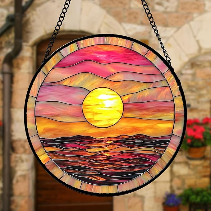 Stained Glass Window Hanging, Sunrise Sea Surface Sun Catchers Diamond Glass Panel Hangings Abstract Suncatcher Decor for Birthday for Women, Men, Wife, Aunt, and Mom 11.8 in