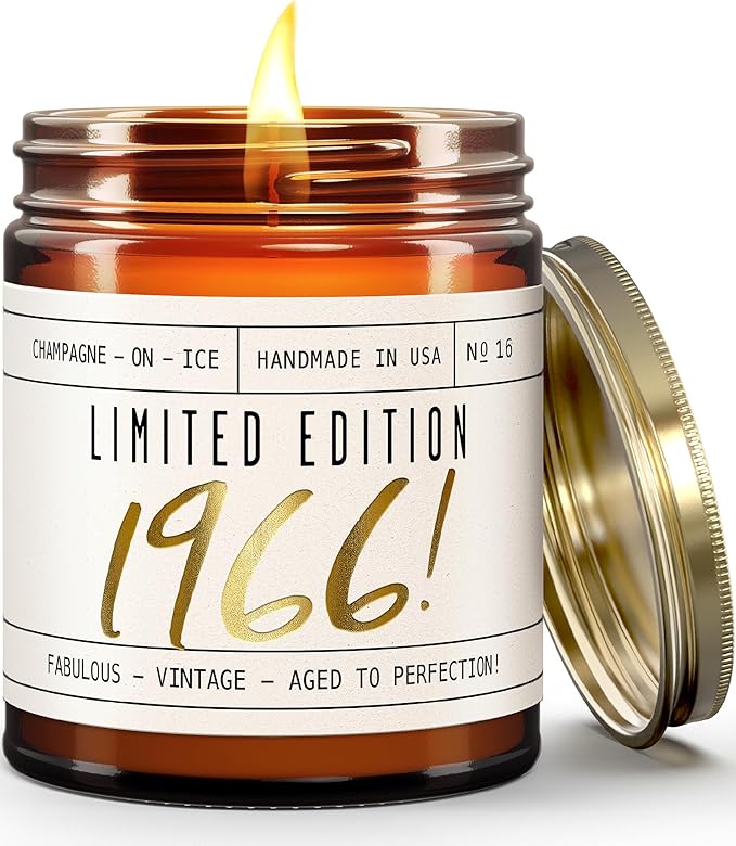 60th Birthday Gifts for Women Ideas - 'Limited Edition 1966' Soy Candle, w/Champagne on Ice I 1965 60th Birthday Gift Ideas I 9oz Reusable Jar, 50Hr Burn, Made in USA