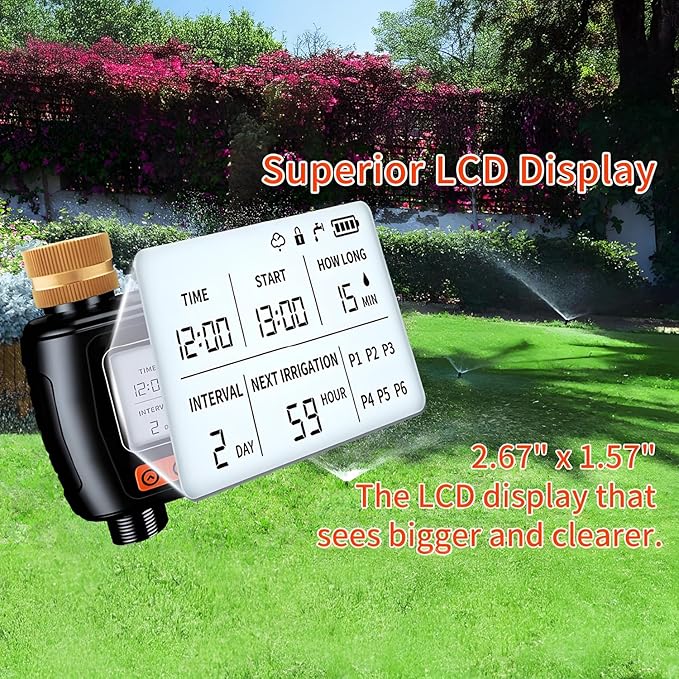Sprinkler Timer, Programmable Hose Timers for Watering with Brass Swivel, Digital Irrigation Controller System with Rain Delay/Manual Mode/Automatic Watering for Gardens, Lawns, and Hose Systems