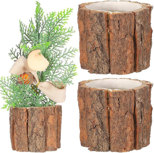 Housoutil 3PCS Wooden Bark Flower Pots, Rustic Farmhouse Planters, Light Brown Log Plant Containers, 3.54x3.54x3.14 Inch, Ideal for Succulents, Cacti, Home and Garden Decor, Weddings, and Holidays