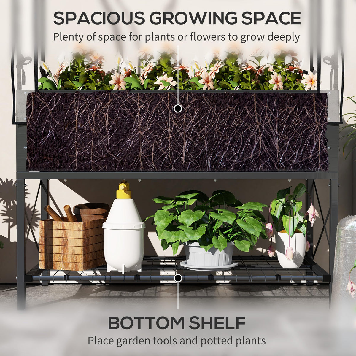 Outsunny Raised Garden Bed with Cover and Storage Shelf, Dark Gray