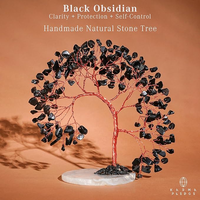 Black Obsidian Healing Crystal Tree of Life for Home and Office Decor, Positive Energy, Wealth, Good Luck, Reiki, Handmade Feng Shui Decoration, Birthday Gifts for Women, Mom