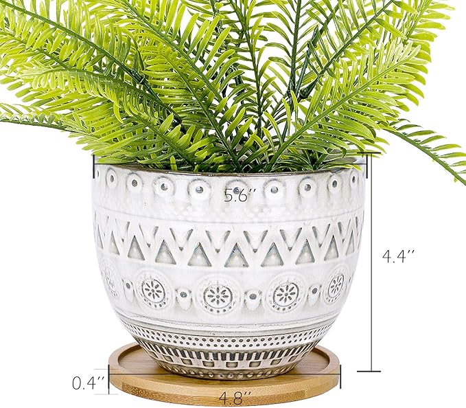 VanEnjoy 5.6 inch Large Round Bohemian Style Ceramic Planter, Geometry Engrave Off White Brown Succulent Planter Flower Pot, Indoor Outdoor Decorative Planter