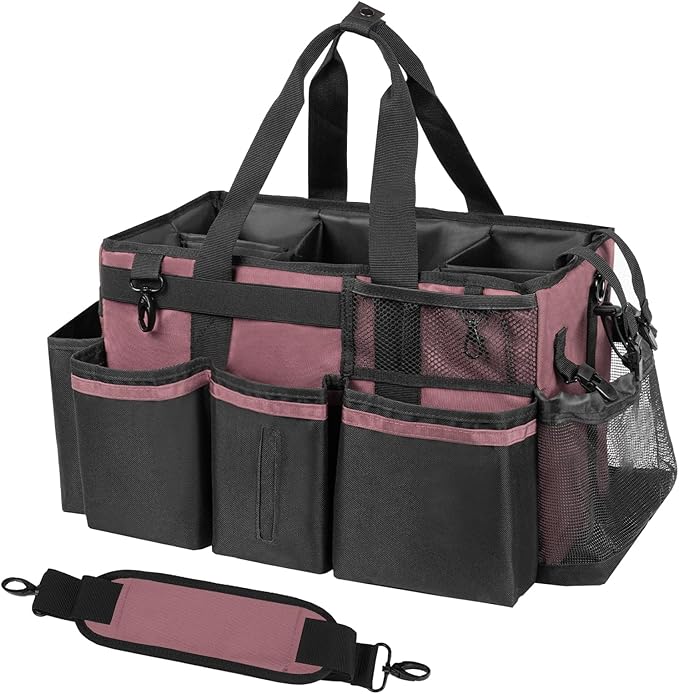 Wearable Cleaning Caddy, Cleaning Caddy Supplies Organizer with Handle & Shoulder Straps for Housekeepers, Under Sink & Car Cleaning Tool Organizers Bag with 4 Foldable Divider (LotusPink)