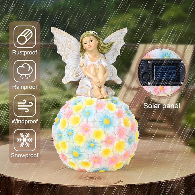 Solar Flower Fairy Garden Decor-Outdoor Fairy Statue-Garden Fairy Figurine Decor for Outside Patio Lawn Yard Porch Ornament,Resin Fairies Statues Decorations,Tall 7.8 Inches, White