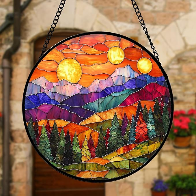 DASTOLL Stained Glass Window Hanging, Sunset Abstract Sun Catchers Colorful Glass Panel Landscape Suncatcher Decor for Birthday for Women, Men, Wife, Aunt, and Mom 9.8 in