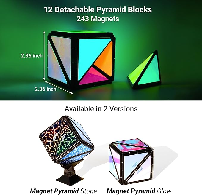 TOSY Magnet Pyramid Glow - 1 Cube Transforms into 1 Billion Shapes, 15 pcs (12 Puzzle pcs & 3 Accessories), 243 Magnets, Glowing, Christmas Stocking Stuffers Gift for Kids, Creative Puzzle STEM Toy