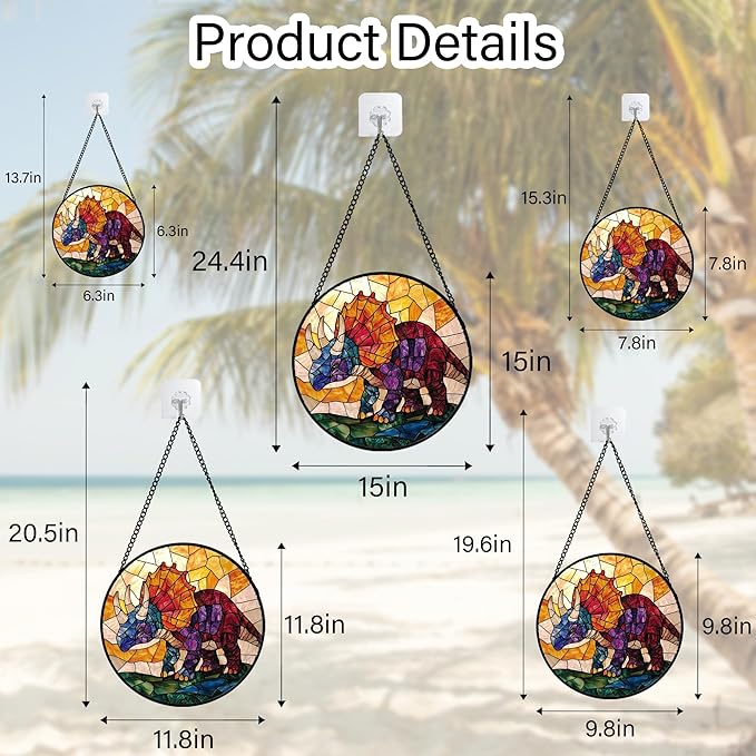 Stained Glass Window Hanging - Triceratops Abstract Dinosaur Suncatcher for Door Terrace Garden Home Decor, Orange Red Sun Catcher Birthday Gifts for Lovers Women Men Dad Mom Nana 9.8 in