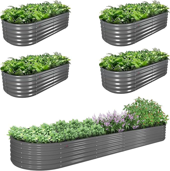 A ANLEOLIFE 5-Pack 6X2X1.5ft & 12X3X1.5ft Deep Root Galvanized Raised Garden Beds Outdoor for Planting Vegetables Flowers Herb, Quartz Grey