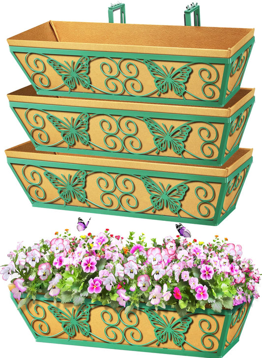 Karlliu 4 Pack 24 Inch Window Boxes Planters Railing Planter Box with Adjustable Brackets for Porch Fence Patio Balcony Hanging Flower Baskets with Woven Fabric for Outdoor Garden Decor - Green