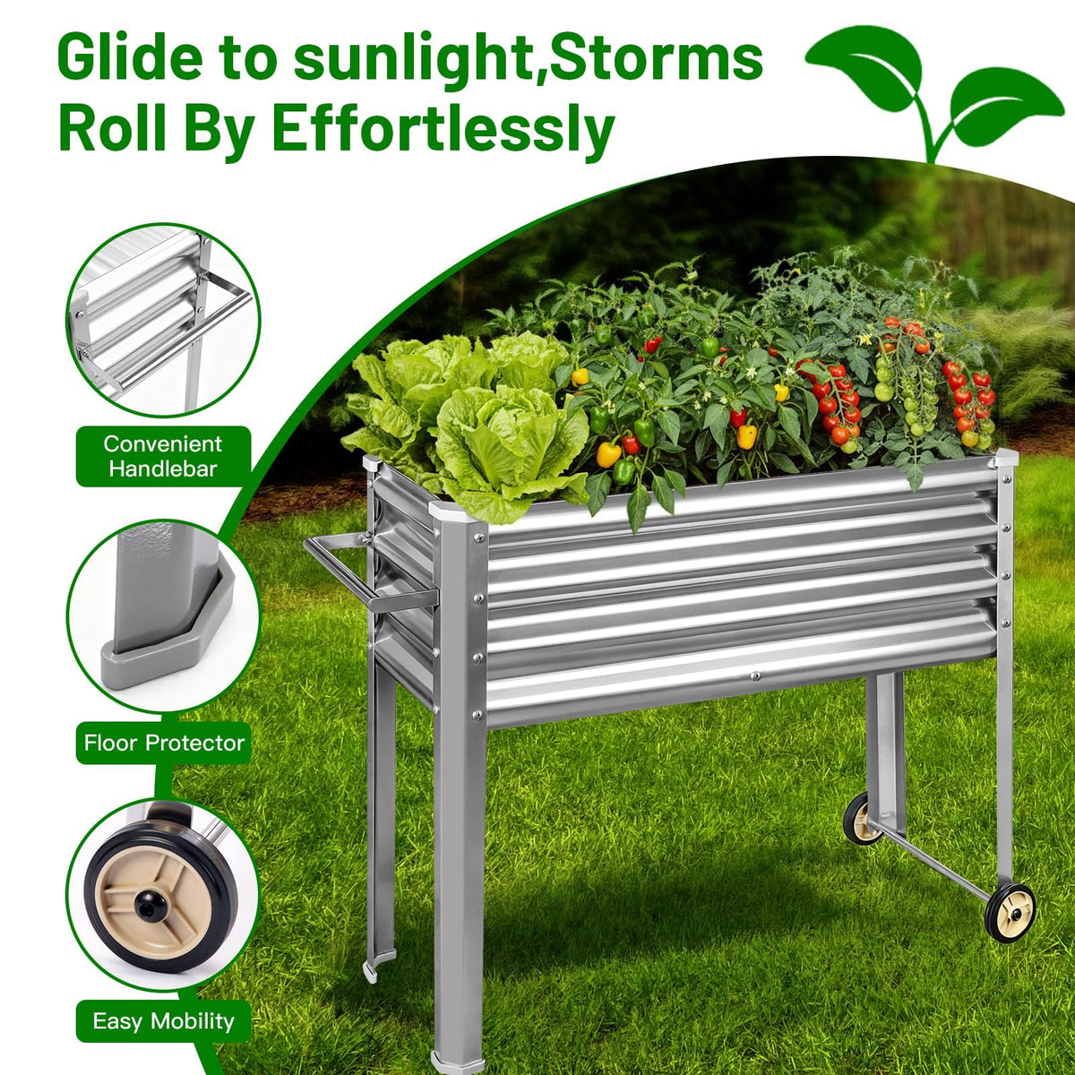 Land Guard 2 Pack Galvanized Raised Garden Bed with Legs & Wheels, 48×18×32in Metal Elevated Raised Planter Box for Backyard, Patio, Balcony, 500lb Capacity, Silver