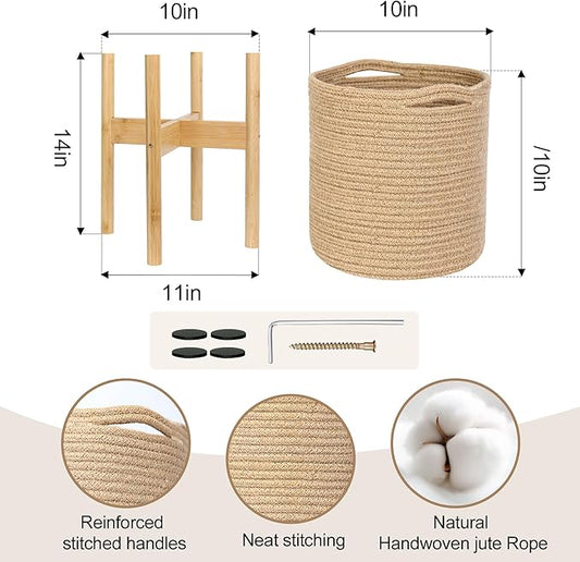 Plant Basket with Stand, Indoor Round Wicker Basket Plant with Bamboo Wood Stand, Decorative Woven Rope Flower Indoor Planter with Legs, Boho Bamboo Wood Planter Holder (Jute)