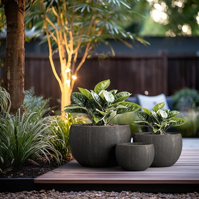 Kante 19.9",15.7",11.8" Dia Round Concrete Planter Set of 3, Outdoor/Indoor Large Bowl Plant Pots with Drainage Hole and Rubber Plug for Garden Patio Balcony Home, Oil Rubbed Bronze