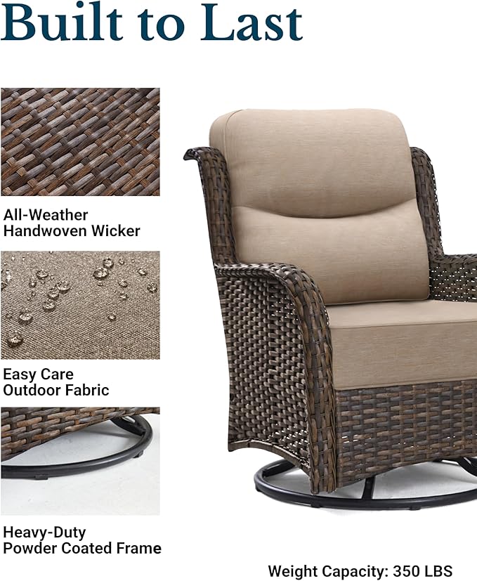 HILLGA Luxury Patio Furniture Set with 6-inch Thick Cushion, Outdoor High Back Swivel Rocker Patio Chairs, 5PCS Wicker Conversation Set for Deck Yard and Poolside, Beige (V2)