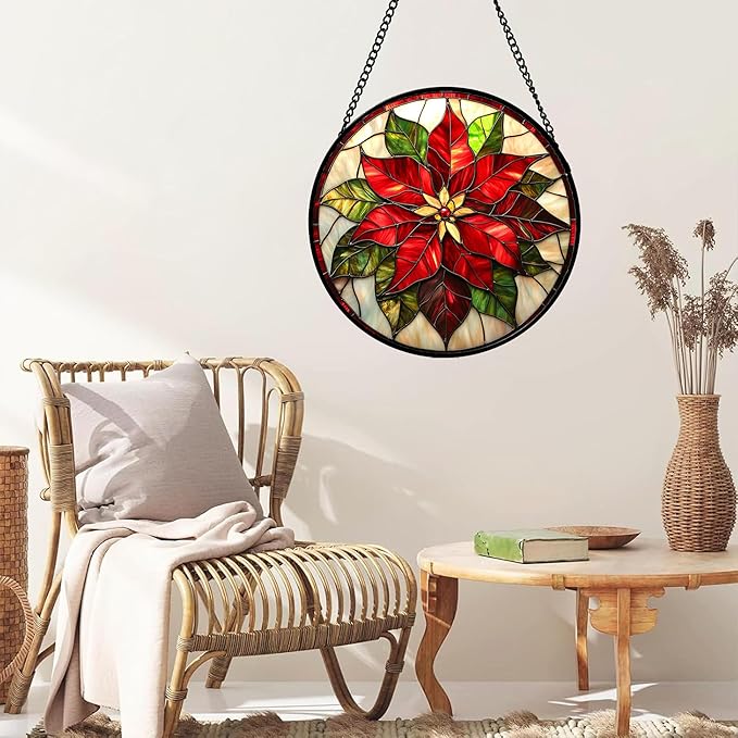 HWRHTR Stained Glass Window Hanging - Red Poinsettia Birth Flowers Suncatcher for Door Garden Yard Sun Catchers Decor Christmas Mother's Day Birthday Gifts for Women Mom Nana Teacher Friend 7.8 in
