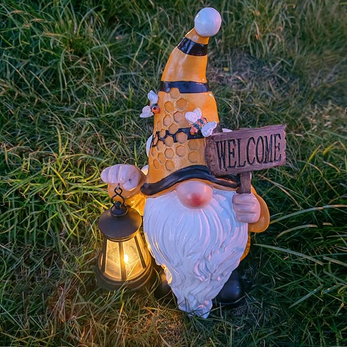 Maikall Rish Gnome Garden Statues with Solar Lights Outdoor Gnomes Sculpture Yard Patio Decor for Lawn Ornaments Gardening Gifts（Bee Gnome