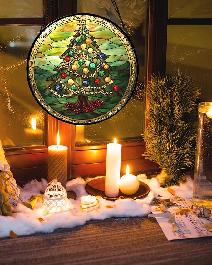 DASTOLL Stained Glass Window Hanging - Green Christmas Tree Gold Ribbon Suncatcher for Doors Home Christmas Decoration Sun Catcher Thanksgiving New Year Birthday Gifts for Women Men Mom Nana 9.8 in