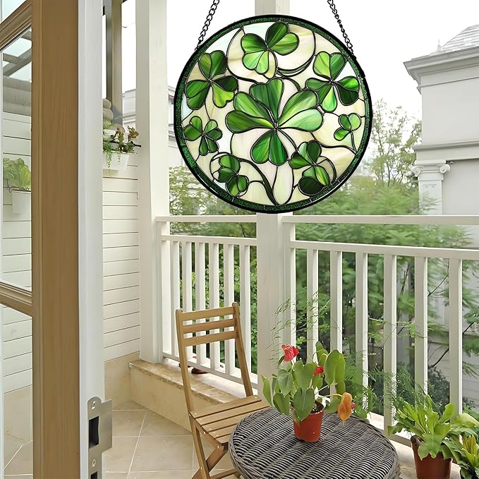 Stained Glass Window Hanging - Ireland Green Lucky Clover Suncatcher for Doors Garden St. Patrick's Day Sun Catchers Decor Mother's Day Birthday for Women Men Mom Nana 15 in