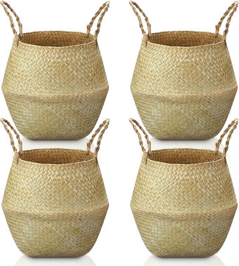 Qunclay 4 Pcs Woven Seagrass Baskets Belly Basket Folding Boho Natural Plant Pot with Handles Round Decorative Wicker Large Indoor Planter for Home Outdoor Tree Planters Decor (XL,12''dx13.8''h)