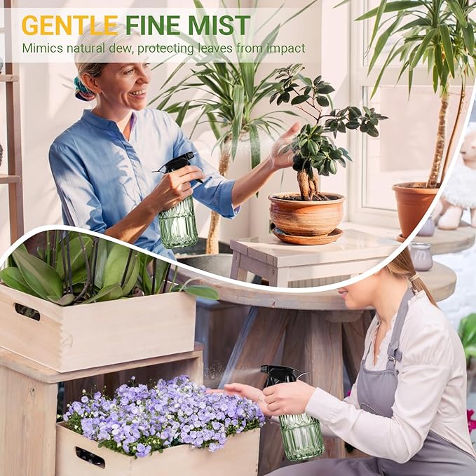 Glass Plant Mister Bottle - 13.5 oz Refillable Leak Proof Water Spray Bottle for Indoor Plants, Spring Gardening,Cleaning, Hair, Pets Care with Adjustable Mist Nozzle (Green)