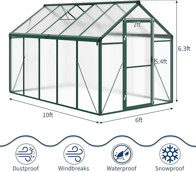 6X10 FT Greenhouse for Outdoors, Large Walk-in Polycarbonate Greenhouse Kit, Aluminum Frame, Lockable Door, Roof Vent, Ground Spikes, for Garden, Patio, Backyard, Outdoor Plant Growth