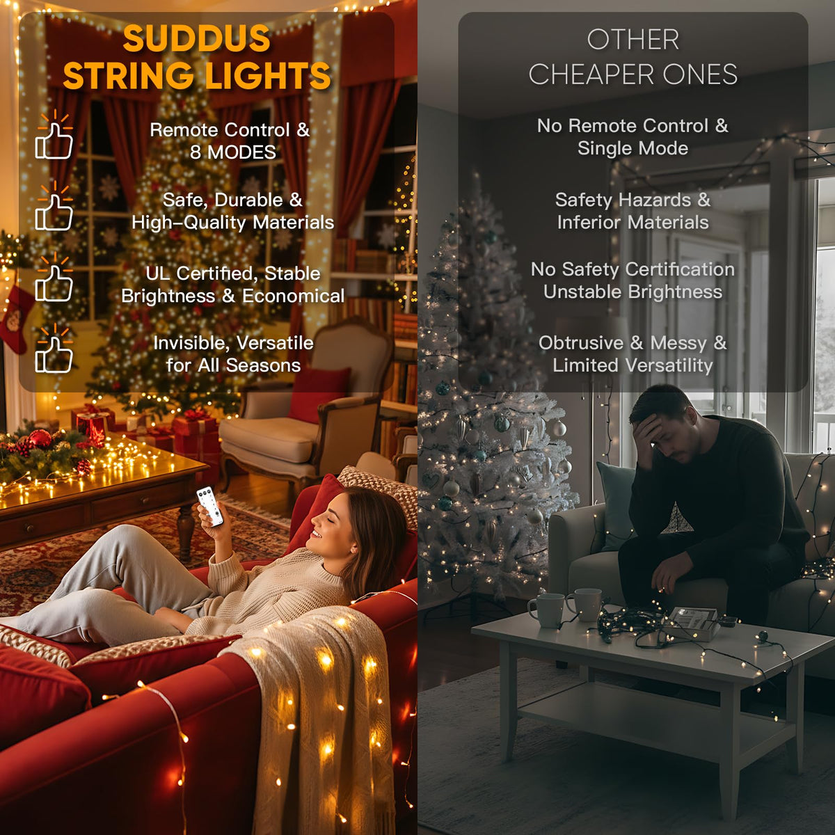 suddus String Lights Indoor Plug in 100 LED Christmas Lights Warm White