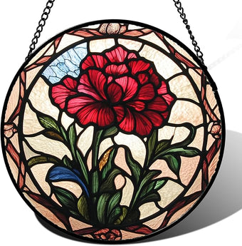 AMDERVEN Stained Glass Window Hanging - Red Carnation Birth Flower Sun Catcher for Door Garden Home Decor Suncatcher Christmas Mother's Day Birthday Gifts for Women Men Mom Nana Friend Wife 7.8 in