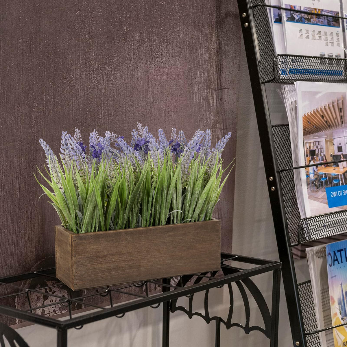 10.6" Artificial Lavender Flowers Arrangement in Rustic Wood Planter Box