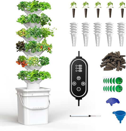 Vertical Hydroponics Growing System Kit, Indoor Outdoor Gardening System Kits, Herb & Fruits Growing Hydroponic Tower, 6 Layers (36 Pods)
