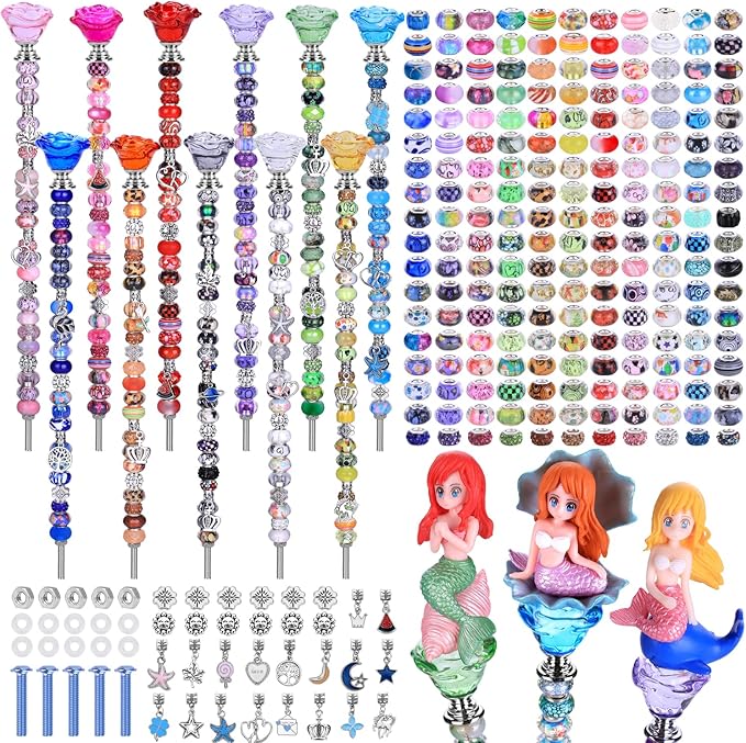 AIPRIDY 238 Pcs DIY Fairy Wand Garden Stakes Kit,Multiple Color Scheme European Beads Crystal Diamond Tops and 12 or 10 Inch Threaded Rods,Stainless Steel Stakes with Diamond Toppe (Rose Flower)
