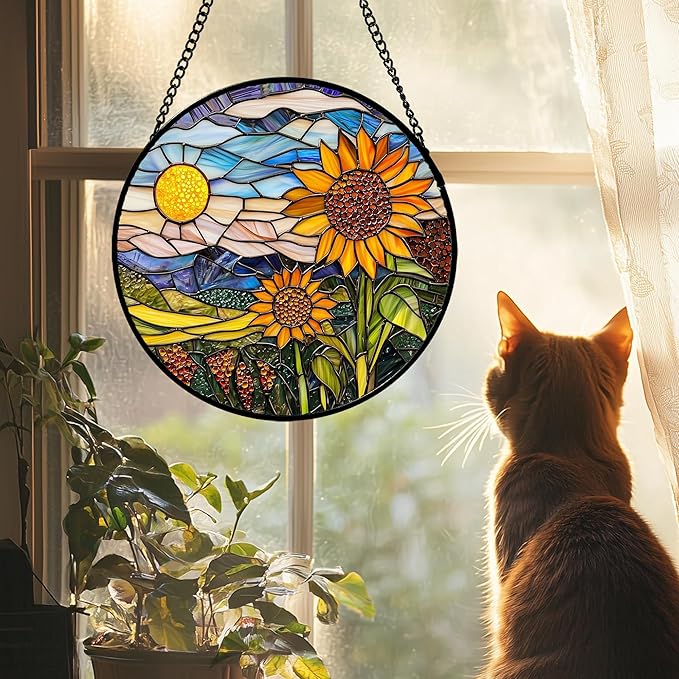 AMDERVEN Stained Glass Suncatcher, Sunflower Flowers Landscape Sun Catcher Plant Mountains Stain Glass Window Hanging Decoration Mother's Day Birthday Gifts for Women Men Mom Nana 11.8 in