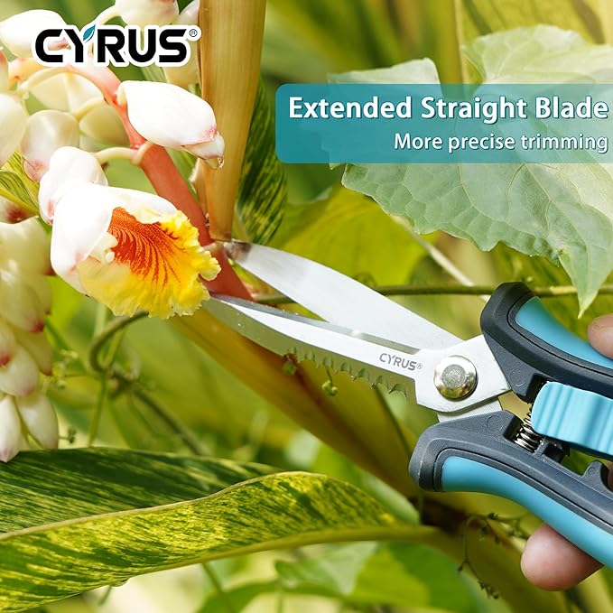 CYRUS Pruning Shears 8" Hand Gardening Scissors Extended Straight Carbon Blades Trimming Precision Bud Scissors with Sharp Serrations Widely Used for Gardening, Hydroponics, Grow Tents-CYRUS