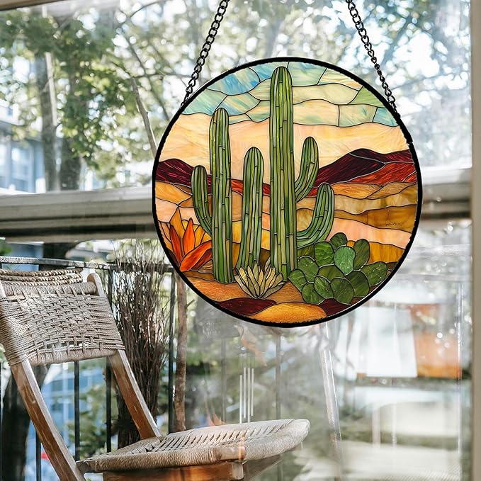 JOSUMALY Stained Glass Window Hanging, Green Cactus Sun Catcher for Door Terrace Garden Home Decor, Abstract Desert Landscape Suncatcher Birthday Gifts for Lovers Women Men Dad Mom Nana 7.8 in