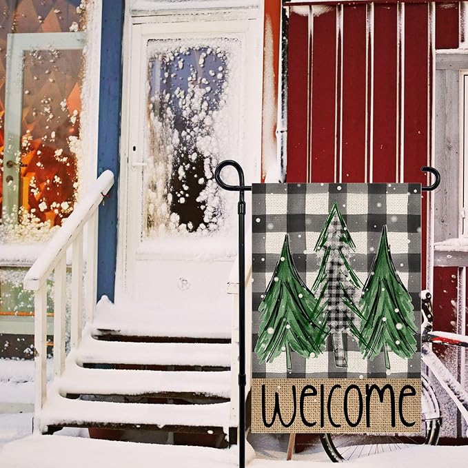 Welcome Christmas Trees Winter Garden Flag 12 x 18 Inch Vertical Double Sided Buffalo Plaid Holiday Yard Outside Xmas Décor