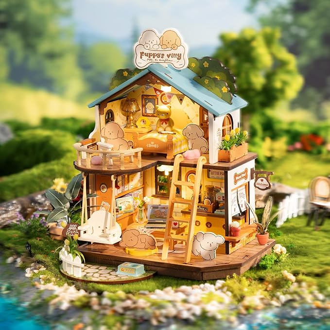 ROBOTIME DIY Miniature House Kit, Mini Wooden Dollhouse Diorama Model, Tiny House Building Kits,Birthday Christmas Craft Hobbies Gift for Teens Kids and Friends（Puppy's Cozy Villa）