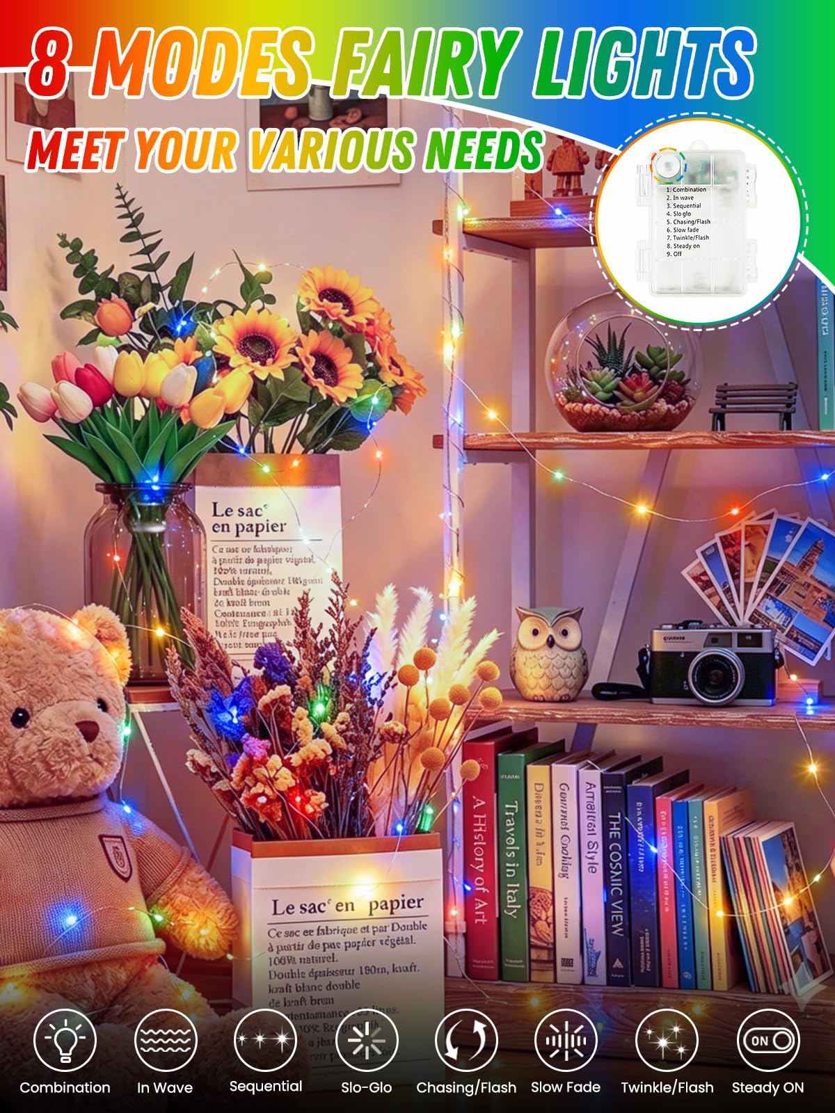 2 Pack 100 LED Fairy Lights Battery Operated with Remote, 33 FT Multicolor