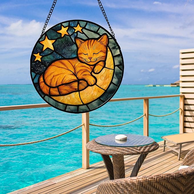 Stained Glass Window Hanging - Orange Cat Sun Catcher for Door Home Decor Stars and Moon Suncatcher Christmas Mother's Day Birthday Loss of a Pet Gifts for Women Men Mom Nana 7.8 in