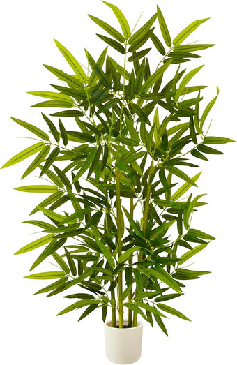 Artificial Bamboo Tree, 4ft Tall Faux Bamboo Plant with White Planter, Fake Trees with 4 Trunks and Lifelike Leaves for Indoor Outdoor Home Office Décor