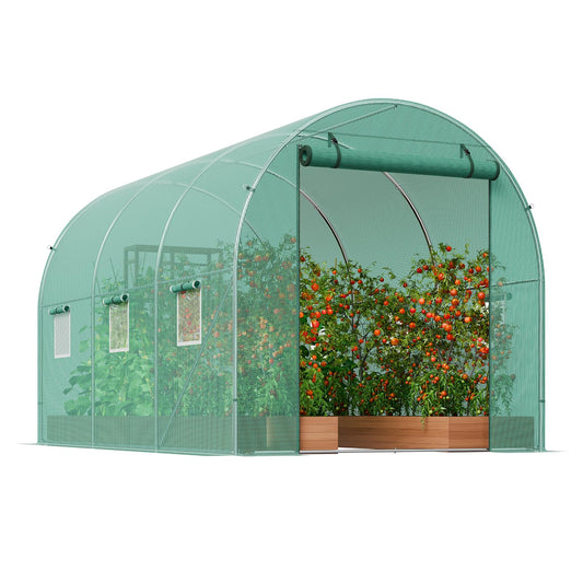 Happybuy 9.6x6.4x6.2 ft Walk-in Tunnel Greenhouse, Galvanized Steel Frame, Green PE Cover, Roll-up Zipper Door, 6 Windows, Outdoor Plant Hot House